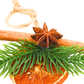 Dried orange slice holiday ornament with real cinnamon stick, real star anise, faux evergreen sprig, and twine hanger close