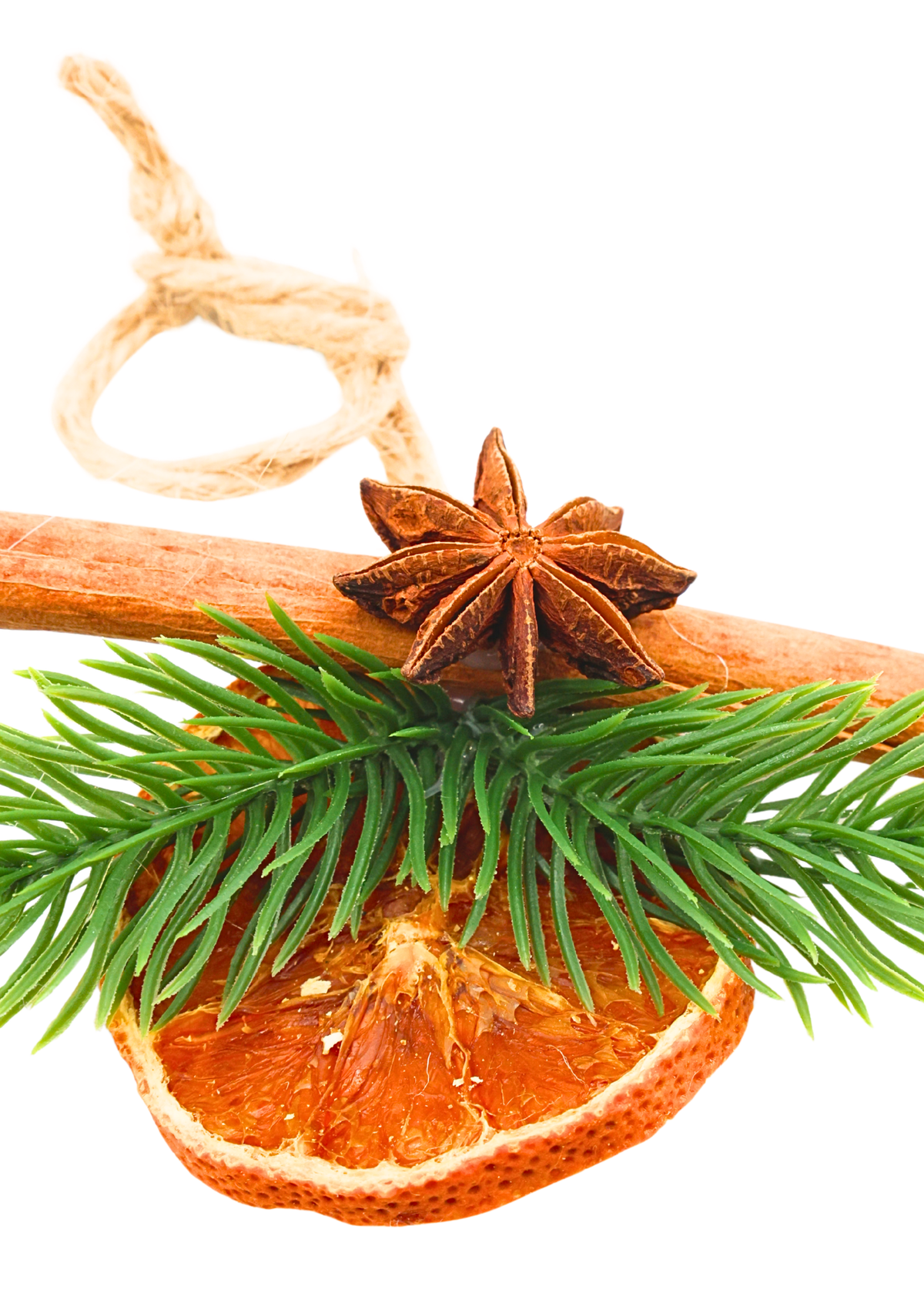 Dried orange slice holiday ornament with real cinnamon stick, real star anise, faux evergreen sprig, and twine hanger close
