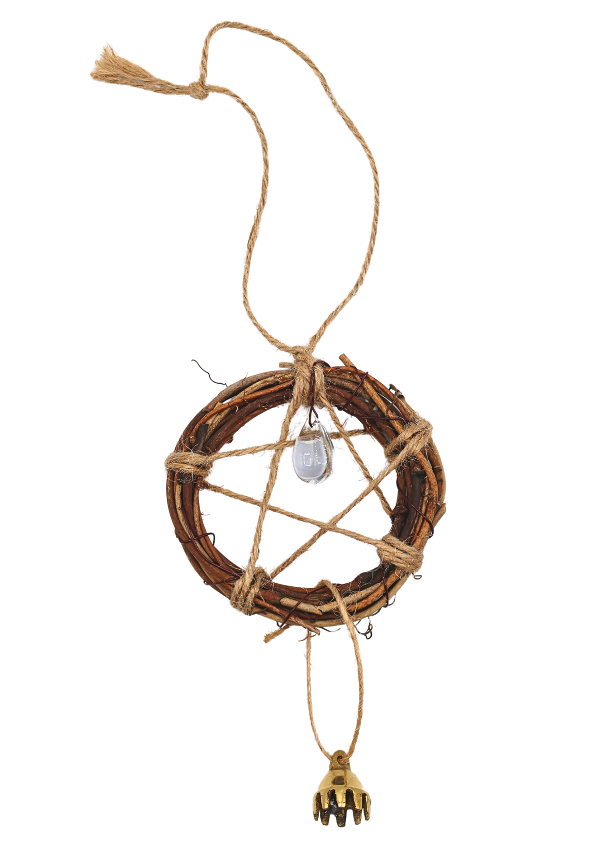 Rustic pentacle wreath Yule ornament with clear accent and dangling gold bell