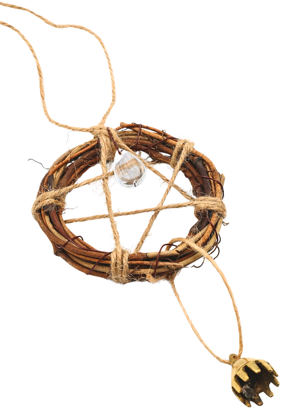 Angled view of twig pentacle wreath holiday ornament with hanging bell