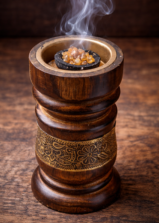 round wooden charcoal resin incense burner in use