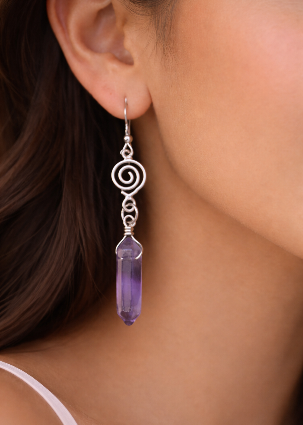Silver Wrapped Amethyst Point Earrings