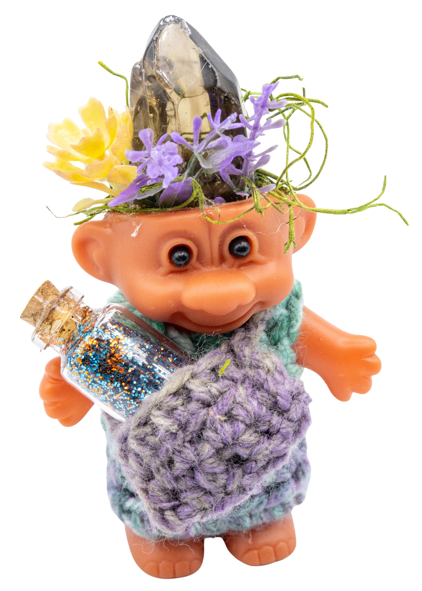 Smoky Quartz Crystal Troll Doll Sculpture front top