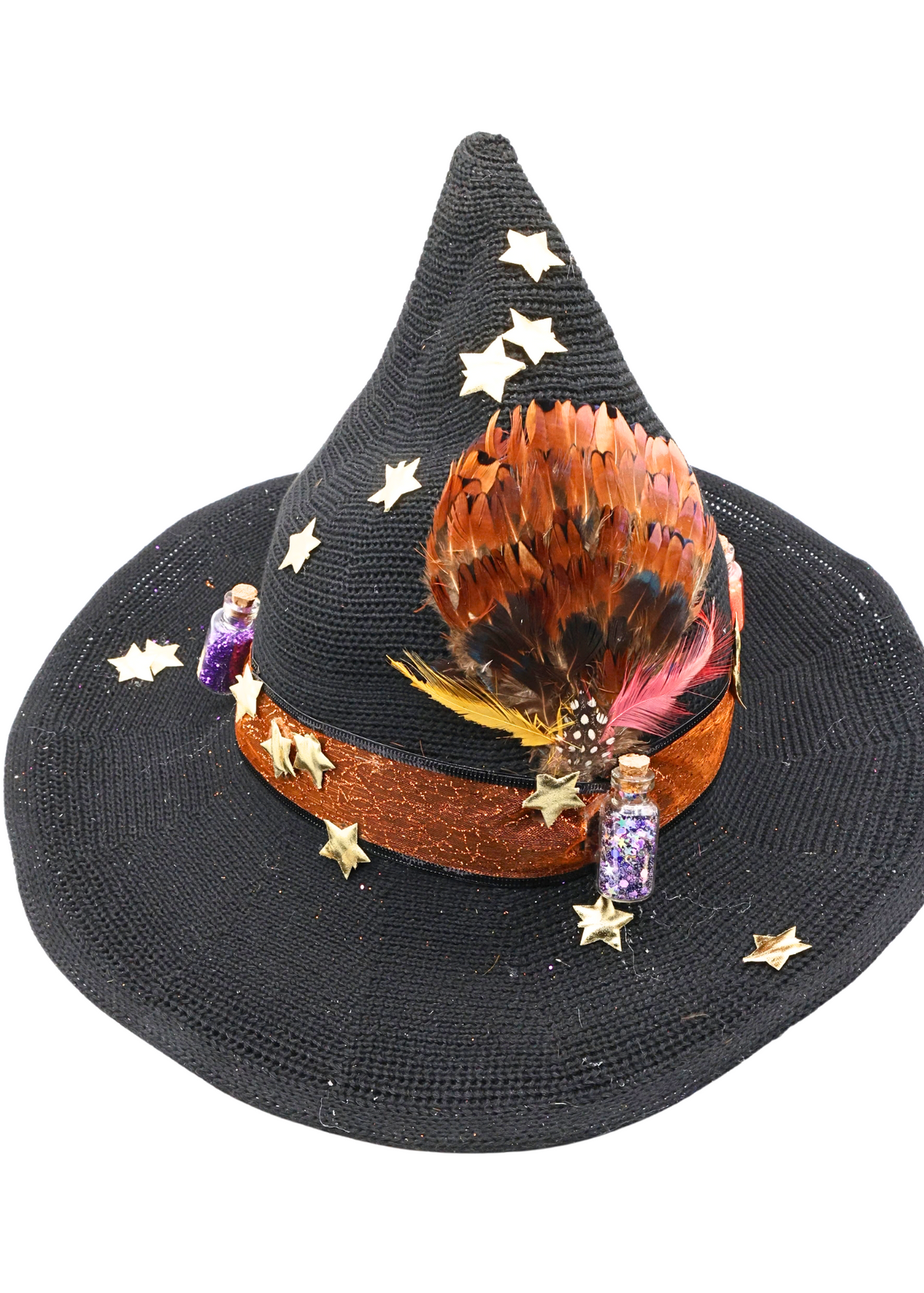 Spell bottle themed black woven witch hat decorated by Tracie, alternate view 1 showing miniature bottles, gold stars and orange ribbon