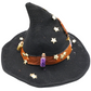 Spell bottle themed black woven witch hat decorated by Tracie, alternate view 2 showing miniature bottles, gold stars and orange ribbon