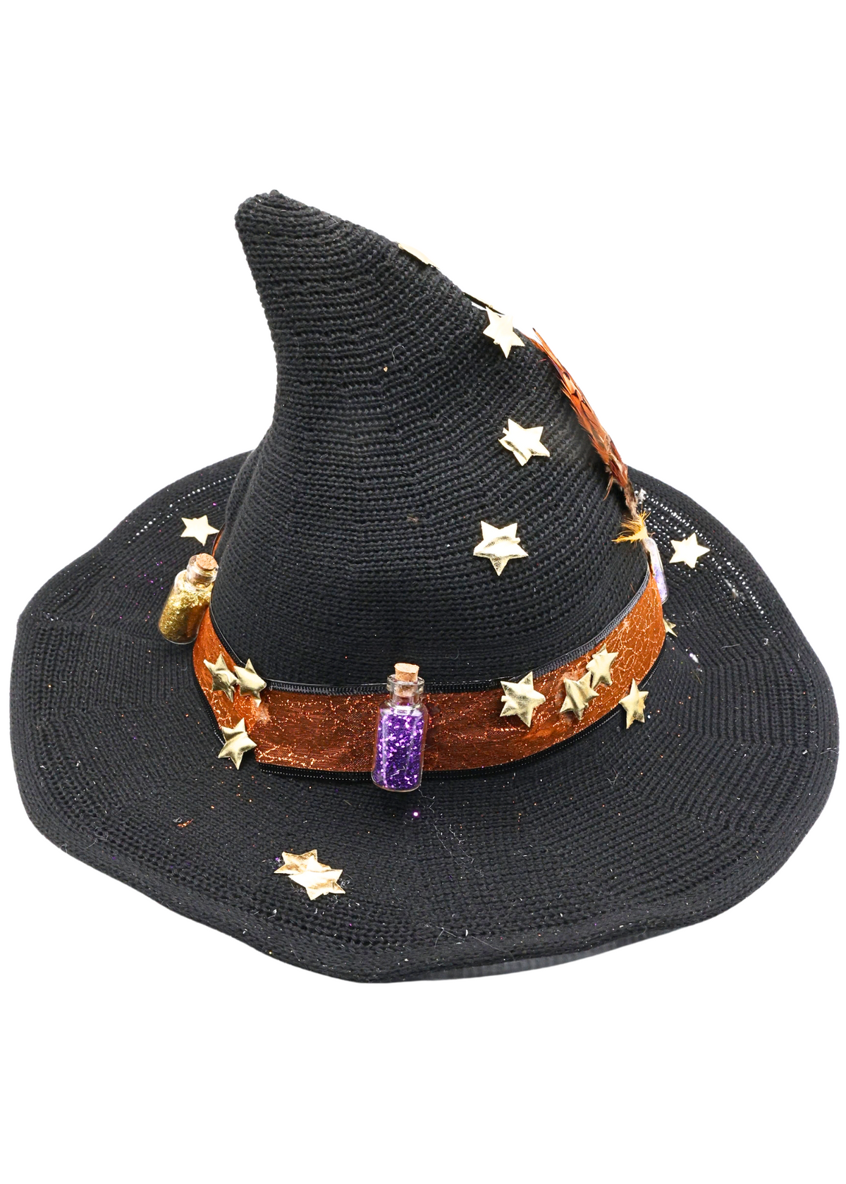Spell bottle themed black woven witch hat decorated by Tracie, alternate view 2 showing miniature bottles, gold stars and orange ribbon
