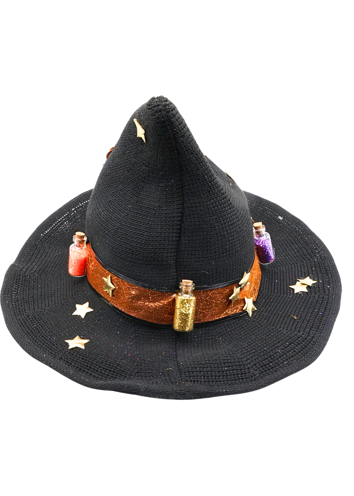Spell bottle themed black woven witch hat decorated by Tracie, alternate view 3 showing miniature bottles, gold stars and orange ribbon