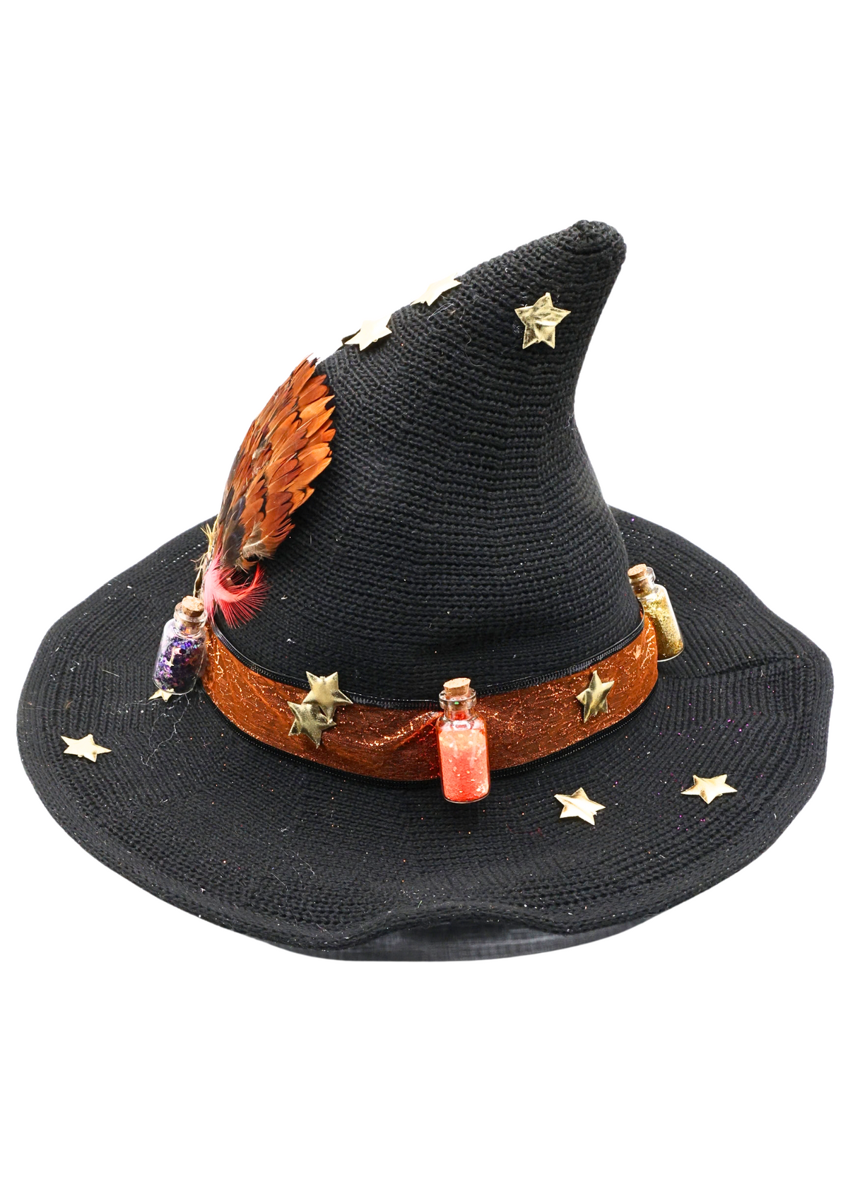 Spell bottle themed black woven witch hat decorated by Tracie, alternate view 4 showing miniature bottles, gold stars and orange ribbon