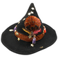 One-of-a-kind black woven witch hat with miniature spell bottles, gold stars, orange ribbon and feathers, decorated by Tracie