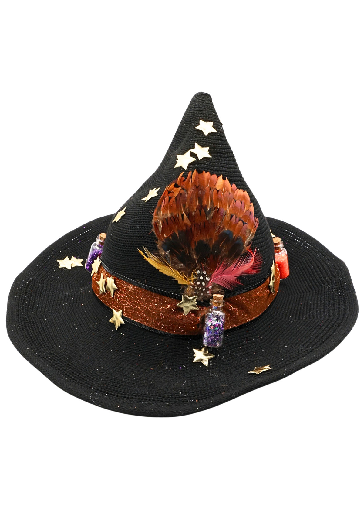 One-of-a-kind black woven witch hat with miniature spell bottles, gold stars, orange ribbon and feathers, decorated by Tracie