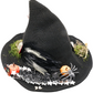 Spider themed black woven witch hat, alternate view 1 of glitter spiders, spiderweb ribbon, stars and miniature decorations