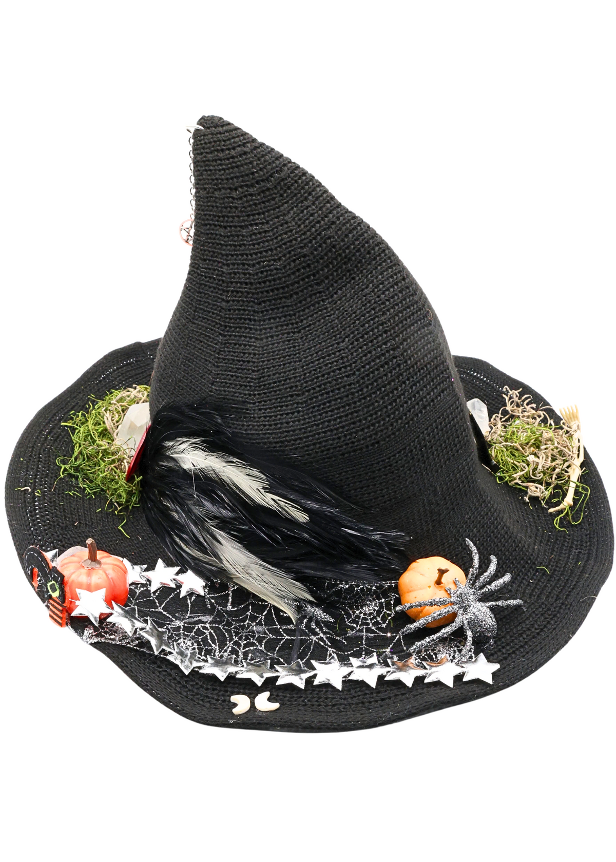 Spider themed black woven witch hat, alternate view 1 of glitter spiders, spiderweb ribbon, stars and miniature decorations