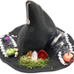 Spider themed black woven witch hat, alternate view 2 of glitter spiders, spiderweb ribbon, stars and miniature decorations