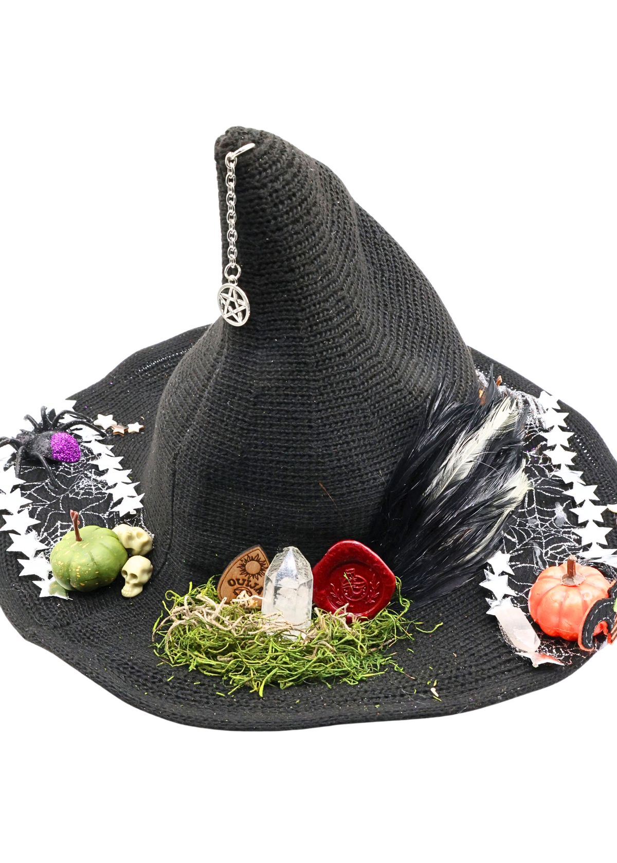 Spider themed black woven witch hat, alternate view 2 of glitter spiders, spiderweb ribbon, stars and miniature decorations