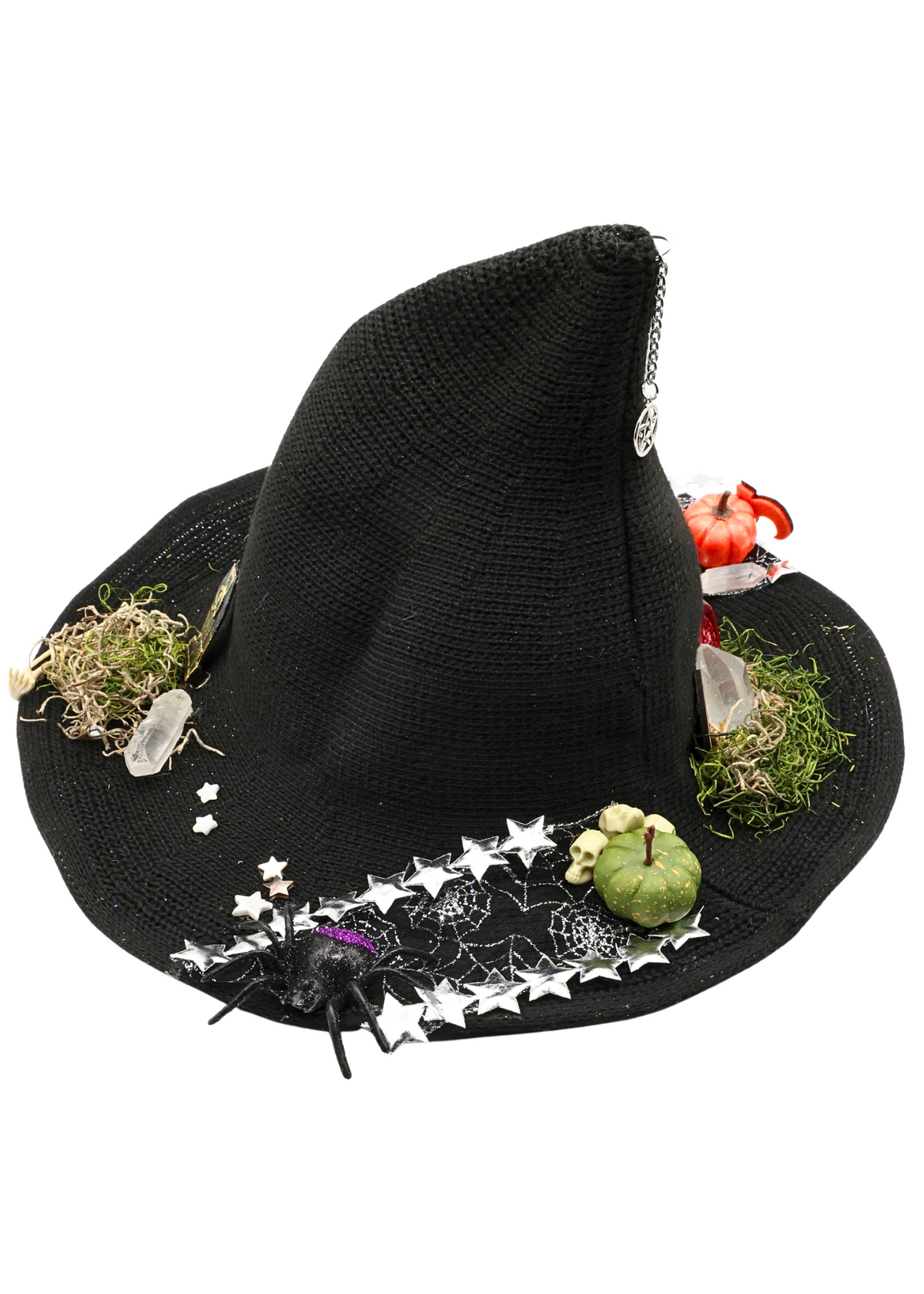Spider themed black woven witch hat, alternate view 3 of glitter spiders, spiderweb ribbon, stars and miniature decorations
