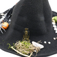 Spider themed black woven witch hat, alternate view 4 of glitter spiders, spiderweb ribbon, stars and miniature decorations