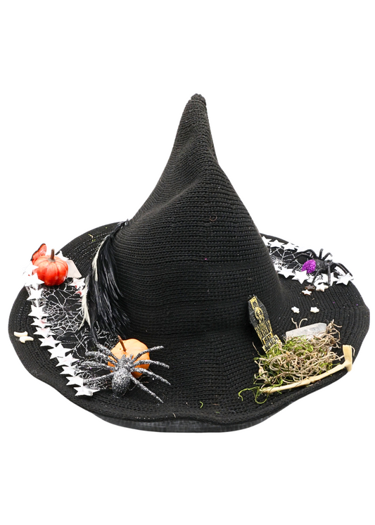 One-of-a-kind spider witch hat decorated by Tracie with glitter spiders, spiderweb ribbon, white stars, pumpkins and feathers