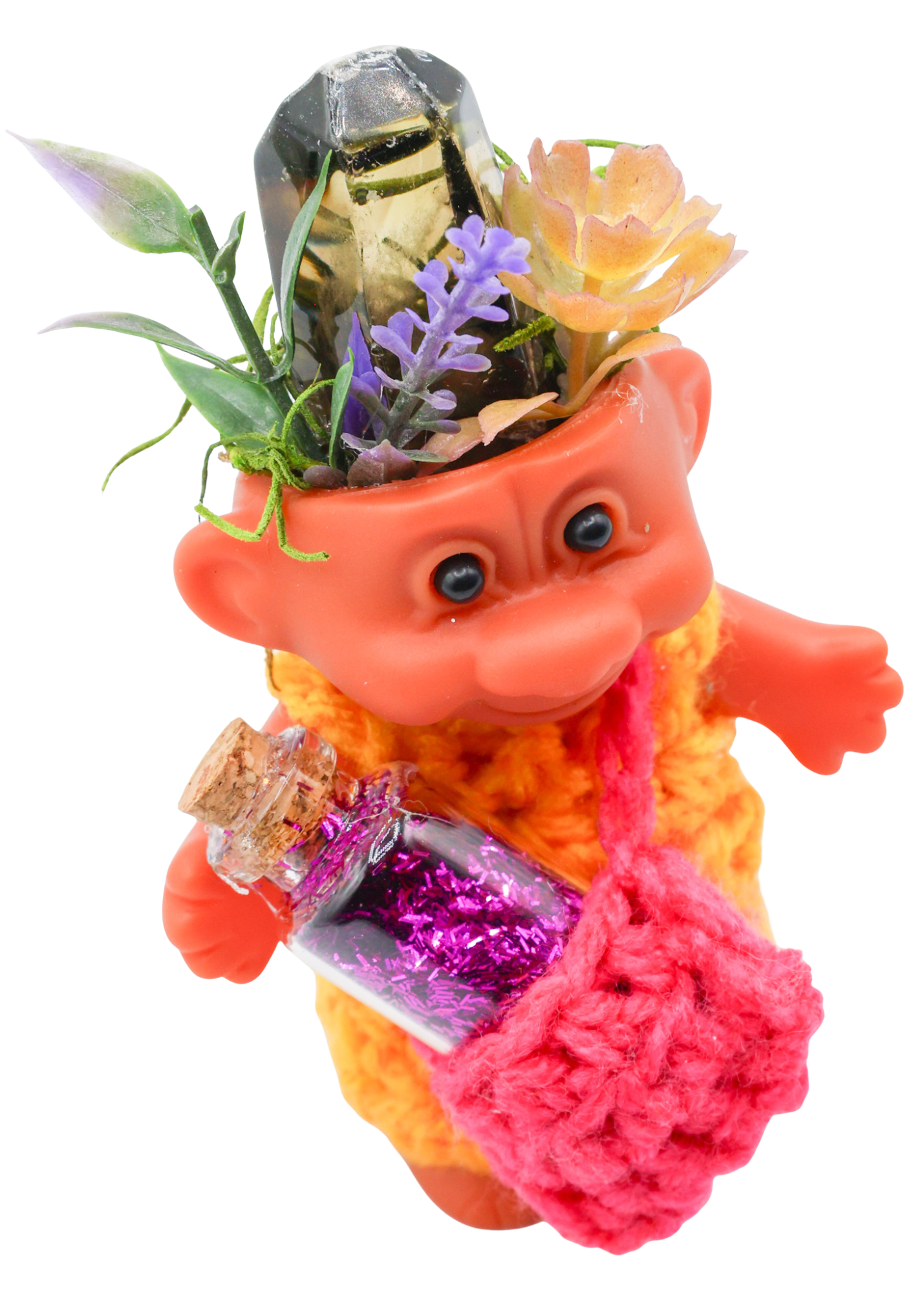 Smoky Quartz Crystal Troll Doll Sculpture top angle