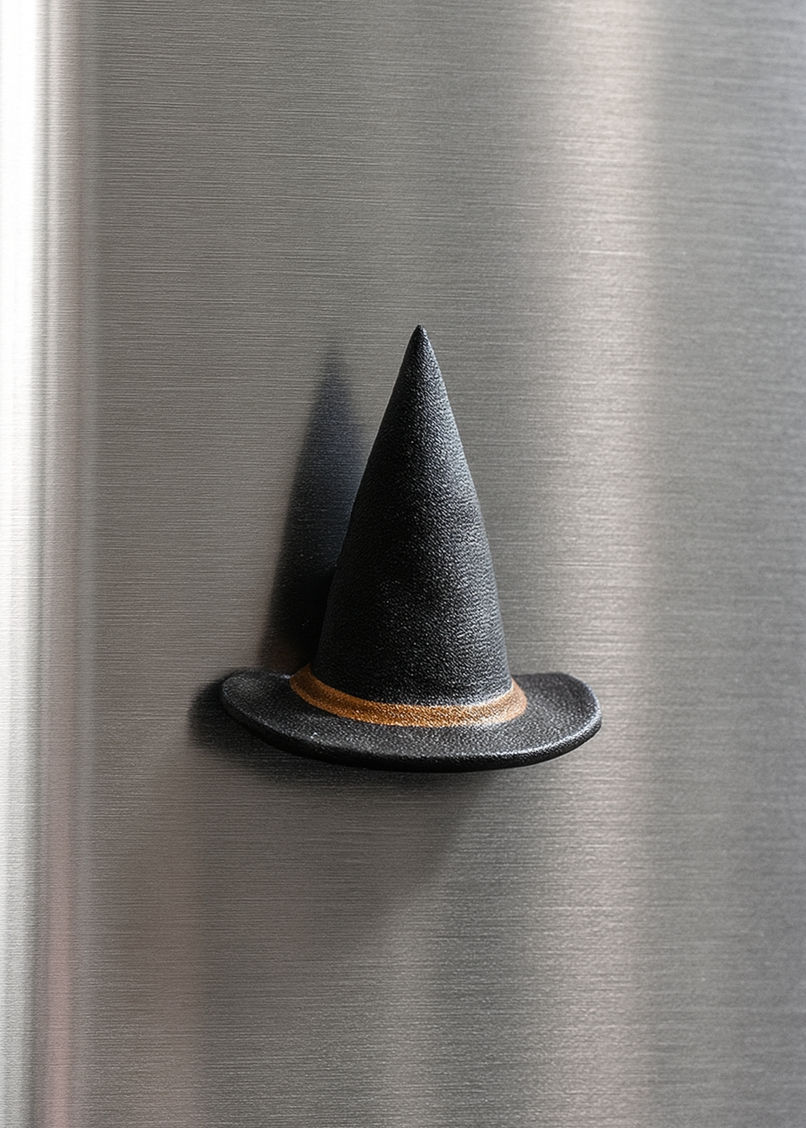 witch hat refrigerator magnet on fridge