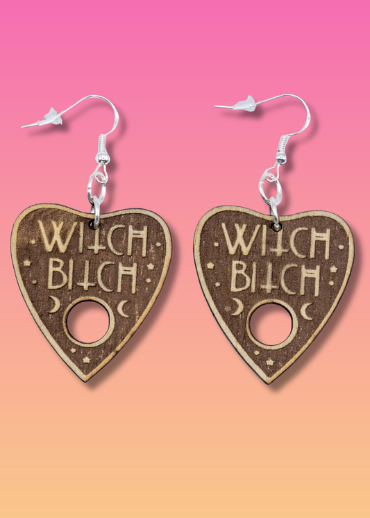 witch bitch wooden planchette earrings