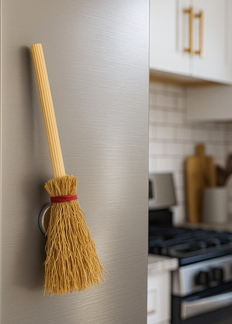 witch broom magnet on fridge