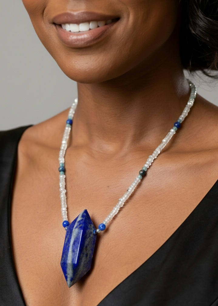 woman wearng lapis point beaded necklace