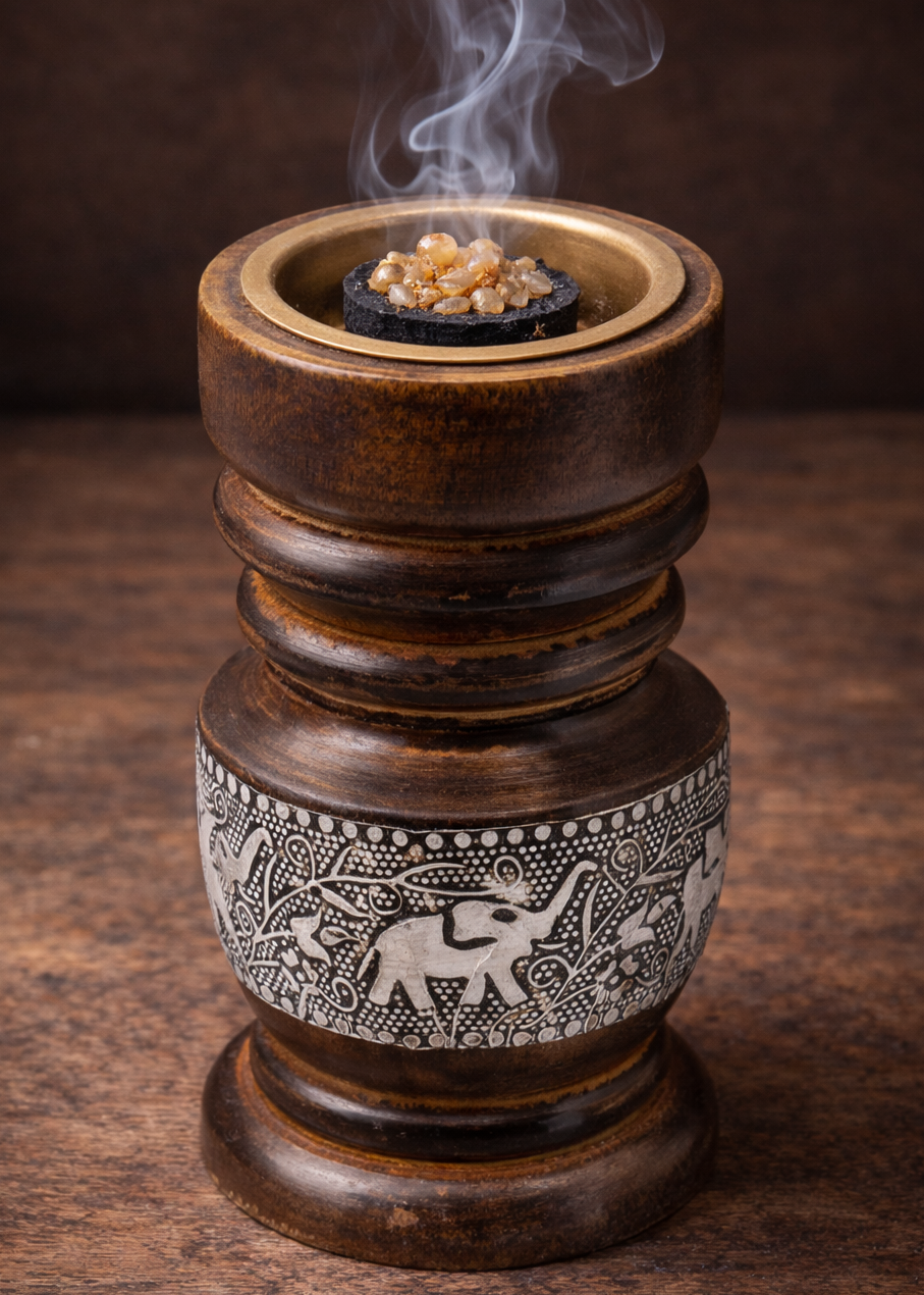 Elephant Wooden Charcoal Resin Incense Burner in use