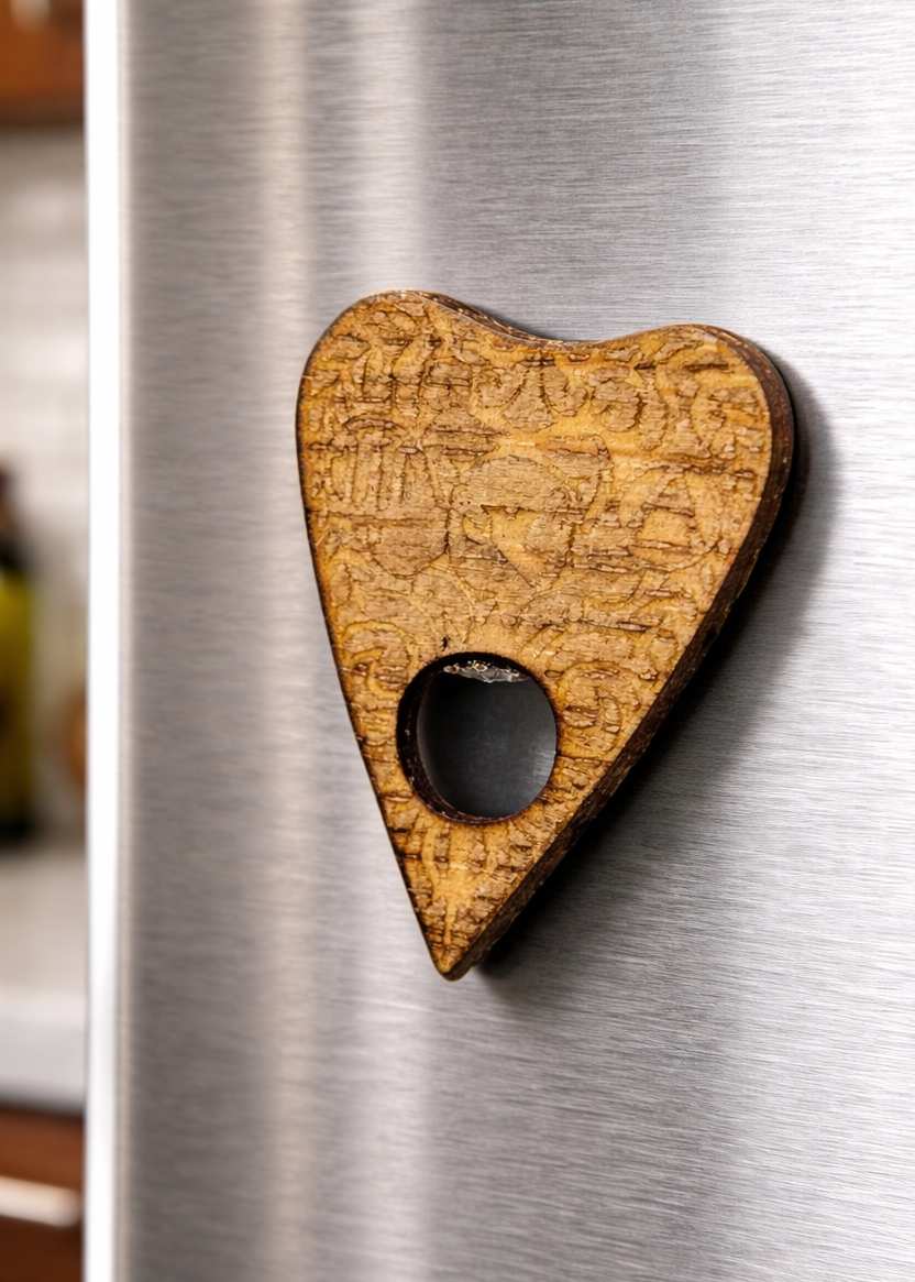 Small Planchette Wooden Magnet on refrigerator