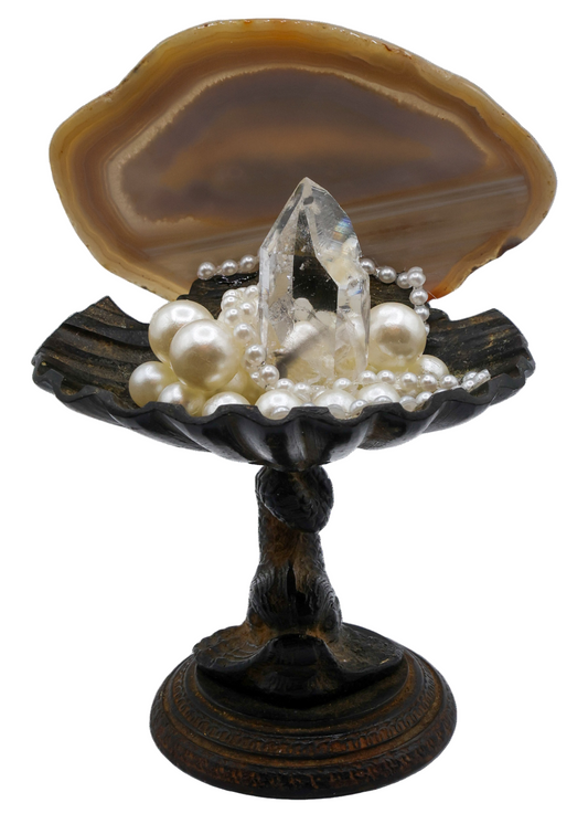 Iron Oyster Shell With Blue Phantom Crystal Sculpture