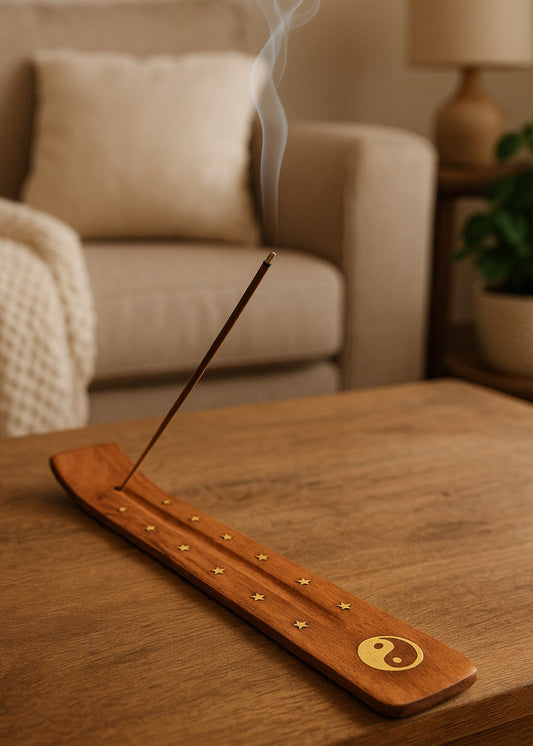 Yin Yang Brass Inlay Wood Incense Burner